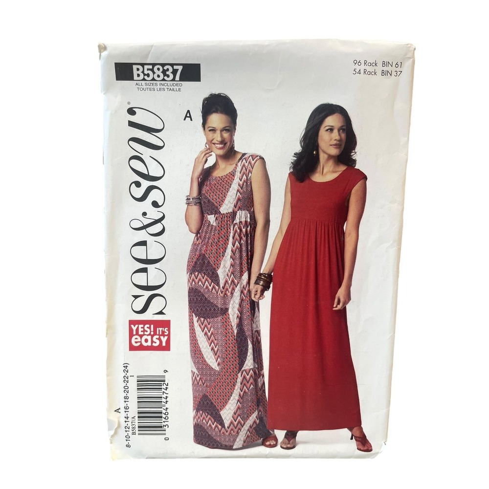 See & Sew B5837 Maxi Dress Pattern Women Size 8-24 Multicolor Empire Waist Easy
